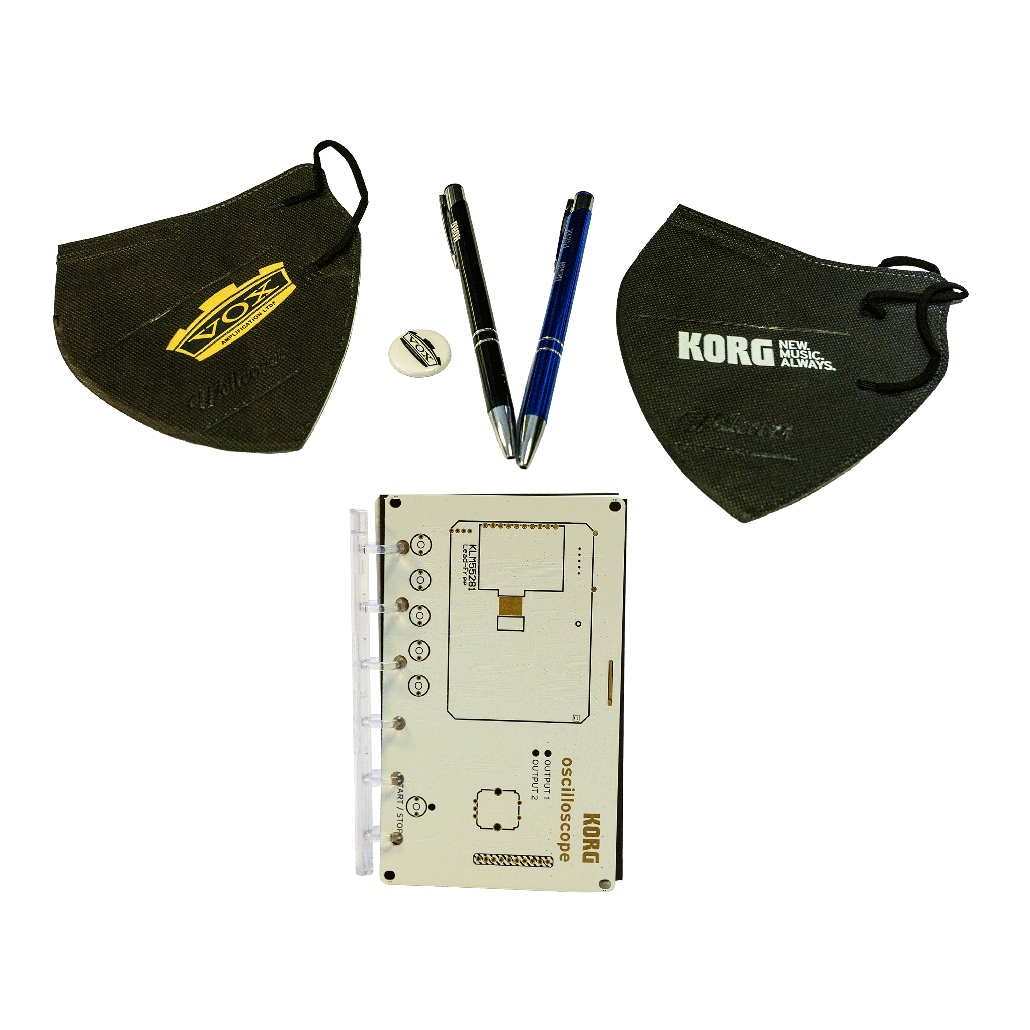 KORG、VOX レア小物セット　【NTS-2基板手帳、ファッションマスク＊２種、缶バッチ、ロゴ入りボールペン２本】