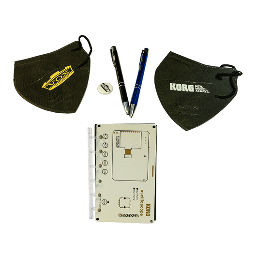 KORG、VOX レア小物セット　【NTS-2基板手帳、ファッションマスク＊２種、缶バッチ、ロゴ入りボールペン２本】